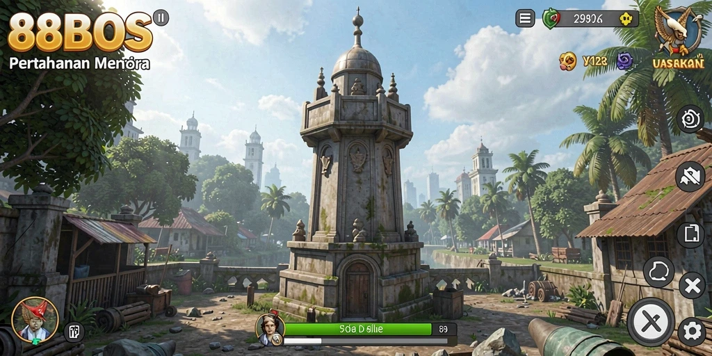 Tampilan seru dari gameplay menara pertahanan di 88BOS.