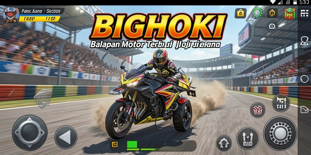 Tampilan gameplay seru BIGHOKI dengan motor balap tercepat.