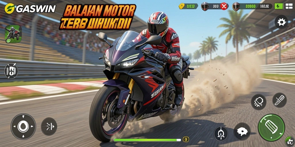 Screenshot GASWIN menunjukkan balapan motor penuh adrenalin dan ketegangan.