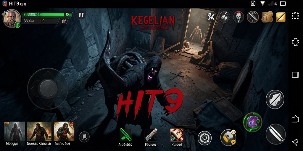 Screenshot gameplay HIT9 yang menunjukkan suasana menakutkan dalam kegelapan.