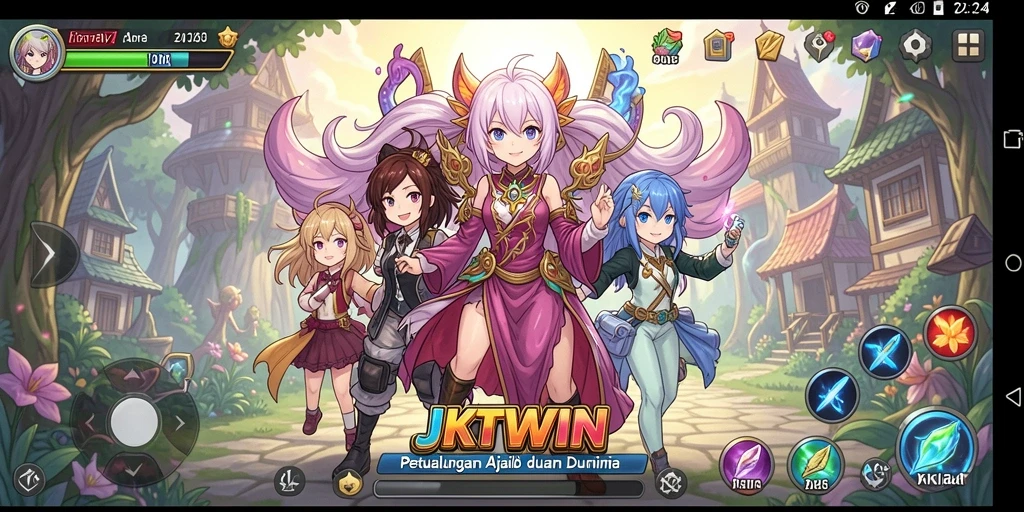 Tangkapan layar dari gameplay JKTWIN yang penuh aksi dan karakter anime.