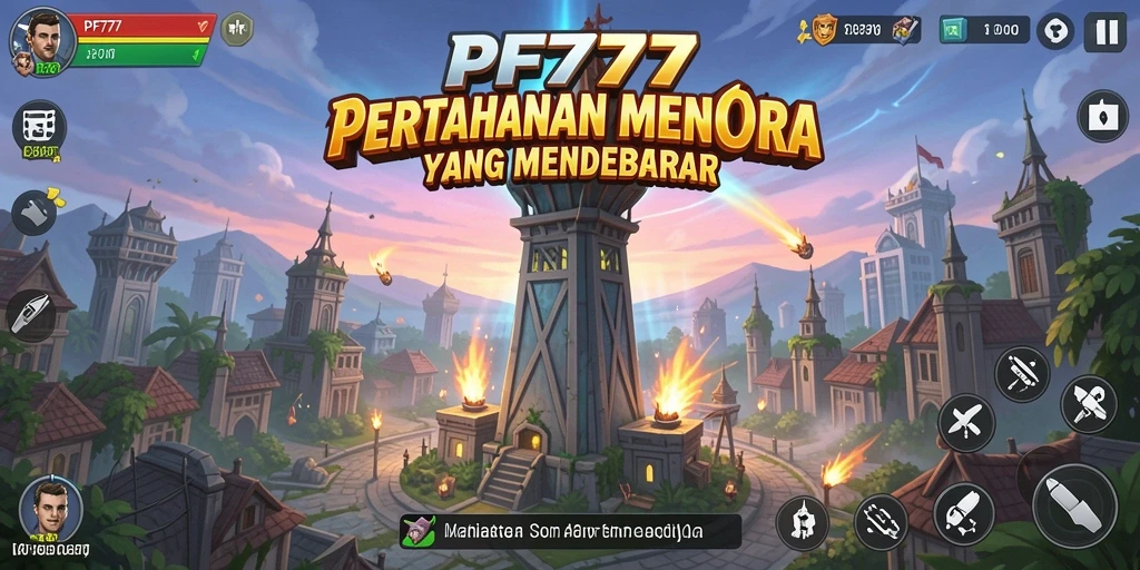 Screenshot utama PF777 menampilkan aksi menara pertahanan yang intens.